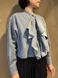 Women 322529 5オンスデニム クロップドフリルシャツ