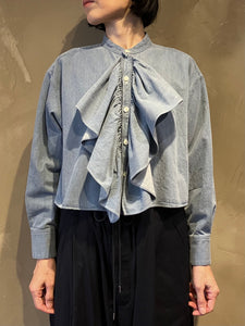 Women 322529 5オンスデニム クロップドフリルシャツ