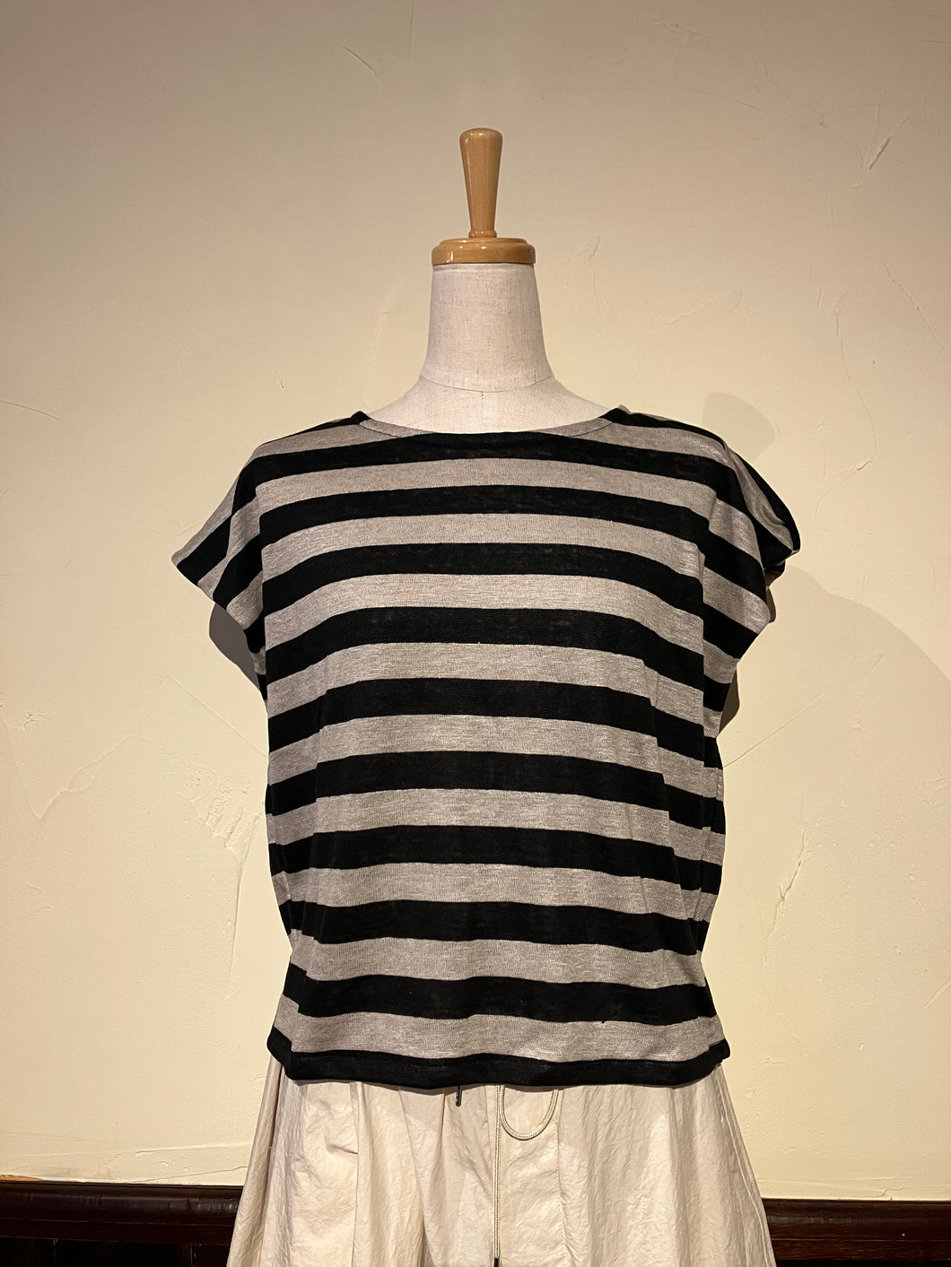 Women 612531 　リネン天竺ボーダー　クルーネック　ノースリーブTシャツ